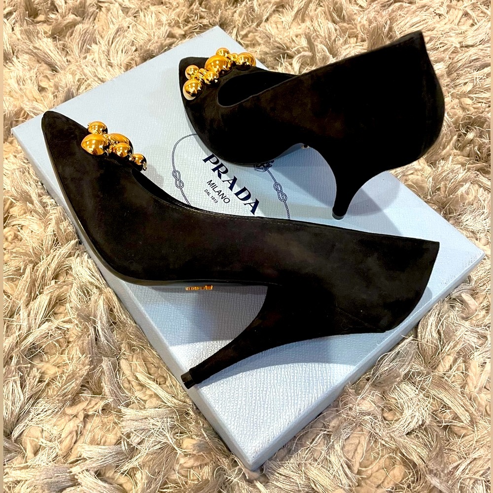 Prada Black suede 4” heel shoes with golden balls decor, size 38.5 - Picture 3 of 14